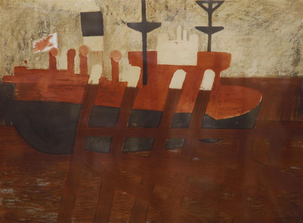 Geoffrey Elliott (1939-), limited edition print, Ship in harbour, signed in pencil, 16/20, 48 x 62cm